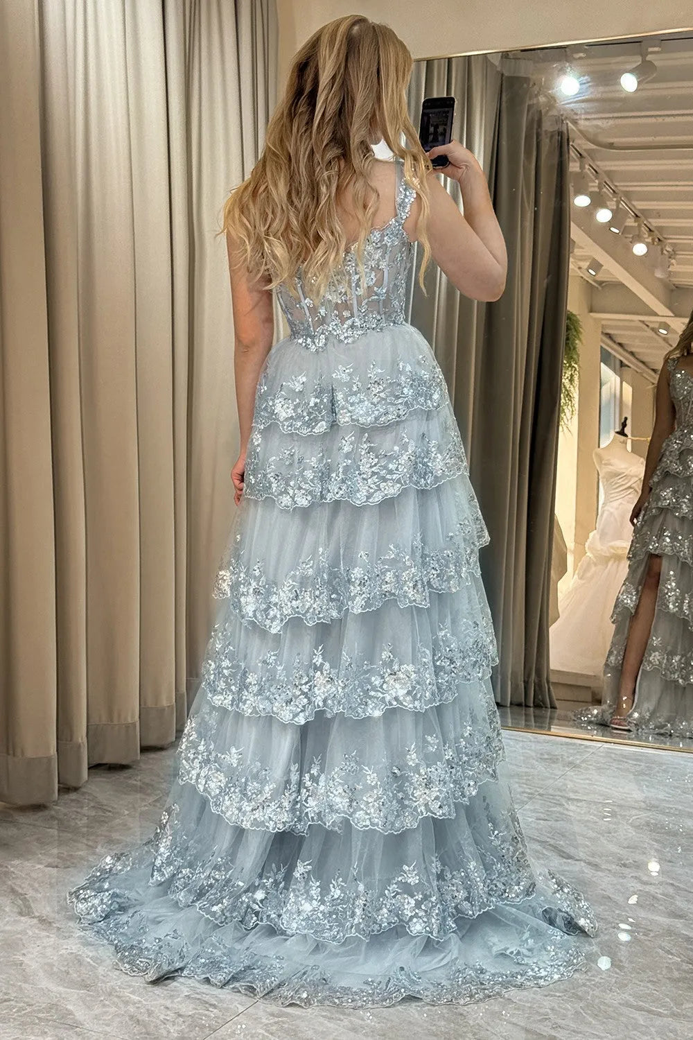 Wholesale Gorgeous Shiny A-Line Long Tiered Corset Prom Dress With Sequined Appliques prom dresses shops